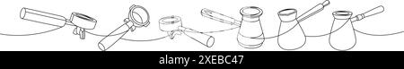 Caffetteria con disegno continuo a una linea. Portafiltri per macchina da caffè, pentole di caffè turco a una riga continua. Illustrazione Vettoriale