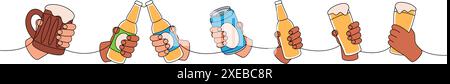 Mani con bottiglie di birra, bicchiere, tazze colorate a una linea, disegno continuo. Illustrazione continua di una riga dei prodotti da pub della birra. Illustrazione vettoriale. Illustrazione Vettoriale