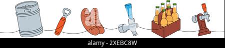Set di birra disegno continuo a una linea colorata. Fusto in metallo, apribottiglie, salsicce, spillatore di birra continuo a una linea. Illustrazione vettoriale. Illustrazione Vettoriale