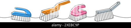 Spazzole di pulizia colorate a una linea. Illustrazione continua su una riga degli strumenti di pulizia. Illustrazione lineare vettoriale. Illustrazione Vettoriale