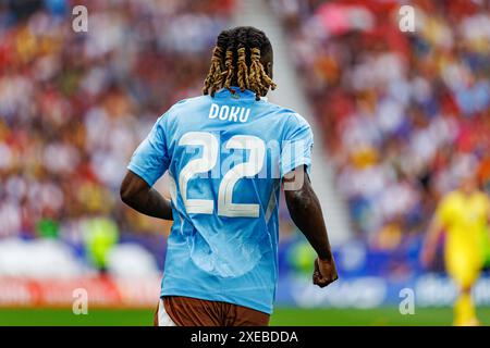 Stoccarda, Germania. 26 giugno 2024. Jeremy Doku del Belgio visto durante la partita di UEFA Euro 2024 tra Ucraina e Belgio alla MHPArena. Punteggio finale; Ucraina 0:0 Belgio. (Foto di Maciej Rogowski/SOPA Images/Sipa USA) credito: SIPA USA/Alamy Live News Foto Stock