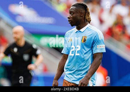 Stoccarda, Germania. 26 giugno 2024. Jeremy Doku del Belgio visto durante la partita di UEFA Euro 2024 tra Ucraina e Belgio alla MHPArena. Punteggio finale; Ucraina 0:0 Belgio. (Foto di Maciej Rogowski/SOPA Images/Sipa USA) credito: SIPA USA/Alamy Live News Foto Stock