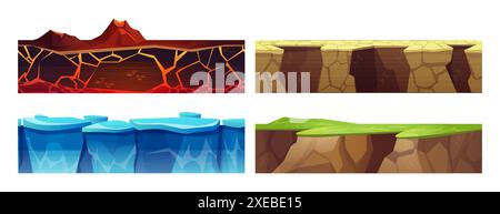 Texture senza cuciture per livelli di interfaccia utente di gioco. Set di vettori cartoon di superfici smerigliate tagliate. Terreno con erba verde, roccia con lava e magma, ghiaccio ghiacciato e neve e sporcizia asciutta e incrinata. Illustrazione Vettoriale