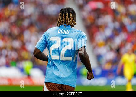 Stoccarda, Germania. 26 giugno 2024. Jeremy Doku del Belgio visto durante la partita di UEFA Euro 2024 tra Ucraina e Belgio alla MHPArena. Punteggio finale; Ucraina 0:0 Belgio. Credito: SOPA Images Limited/Alamy Live News Foto Stock