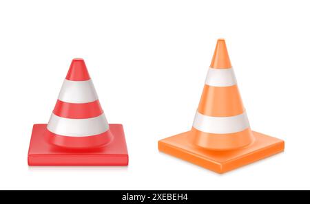 I modelli di cono di traffico sono impostati su sfondo bianco. Illustrazione vettoriale realistica del segnale di avvertimento a strisce rosse, arancioni e bianche, barriera di sicurezza per la scena dell'incidente, cantiere, bordo di attenzione Illustrazione Vettoriale