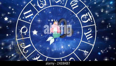 Immagine della stella dei pesci nella ruota zodiacale sul cielo stellato Foto Stock