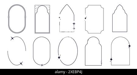 Set di cornici minimali y2k bordi sottili, elemento astratto ad arco estetico illustrato per banner, social media, design di poster, adesivi. Design alla moda con scintille, stelle e linee. Illustrazione vettoriale Illustrazione Vettoriale