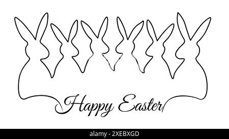 Testo buona Pasqua. Simpatici coniglietti pasquali o conigli con linee d'arte a cartoni animati. Stile di disegno della linea Foto Stock