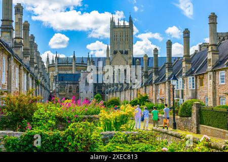 Coloratissimi fiori estivi e cattedrale vista da Vicars Close, Wells - la più antica strada abitata in Europa, Somerset, Inghilterra, Regno Unito Foto Stock