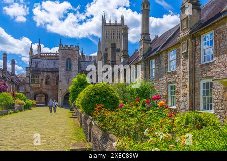 Coloratissimi fiori estivi e cattedrale vista da Vicars Close, Wells - la più antica strada abitata in Europa, Somerset, Inghilterra, Regno Unito Foto Stock