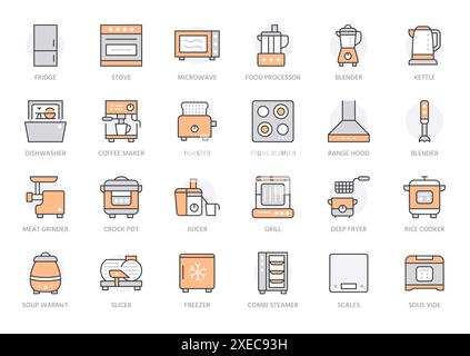 Set di icone della linea di elettrodomestici da cucina. Forno, miscelatore, lavastoviglie, robot da cucina, vaporiera combinata con illustrazioni vettoriali minime. Semplici segni di contorno di cottura Illustrazione Vettoriale