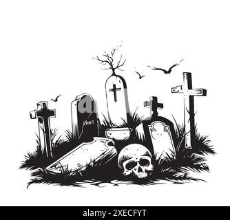 Cimitero grafico bianco nero disegno paesaggio illustrazione vettore Illustrazione Vettoriale