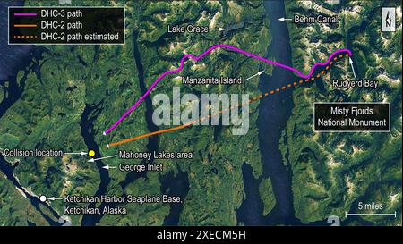 WASHINGTON (20 aprile 2021) — questa grafica mostra i percorsi di volo di un aereo de Havilland DHC-2 e di un aereo de Havilland DHC-3 coinvolti in una collisione a mezz'aria 13 miglia a nord-est di Ketchikan, Alaska, 13 maggio 2019. I percorsi di volo raffigurati vanno dall'area del Misty Fjords National Monument al luogo della collisione. (Sovrapposizione NTSB su un'immagine di Google Earth). Ketchikan, Alaska Foto Stock