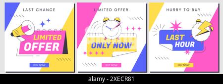 L'ultima volta Square offre striscioni dai colori vivaci. Solo ora la promozione e le vendite più calde sono coperte dall'icona della sveglia e dell'altoparlante. Modello di poster promozionale per i social media o il sito Web per lo shopping online Illustrazione Vettoriale