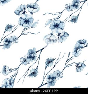 Motivo senza cuciture acquerello in fiore di ciliegio. Illustrazione isolata floreale disegnata a mano su sfondo bianco. Fiori monocromatici Indigo Blue sul ramo Foto Stock