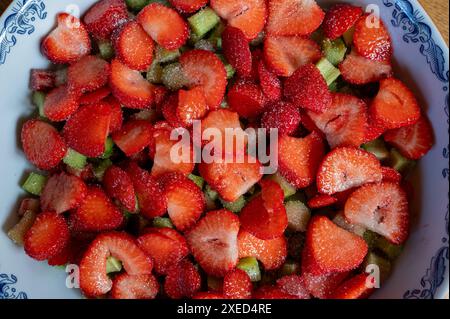 Primo piano di frammenti di fragola e rabarbaro con sopra lo zucchero Foto Stock