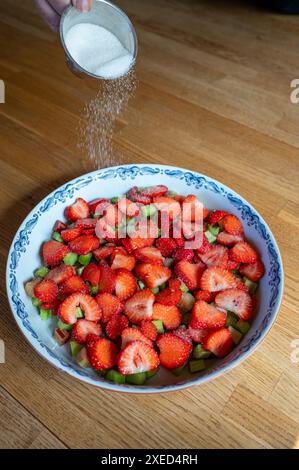 versare zucchero su pezzi di fragole e rabarbaro in forma di torta Foto Stock