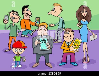 Personaggi cartoni animati con smartphone o dispositivi elettronici Foto Stock