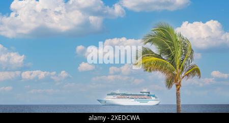 Nave da crociera nel mare dei Caraibi con palme in primo piano. Paesaggio con grande nave da crociera Foto Stock
