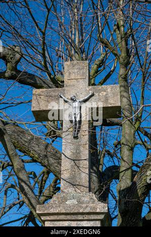 Gesù Cristo crocifisso sulla croce. Albero e cielo blu sullo sfondo. Foto Stock