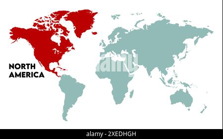 Silhouttes della mappa moderna del Nord America, immagine della mappa del mondo, isolato su sfondo bianco, Info-graphic, Terra piatta, globo, icona della mappa del mondo. Viaggia in tutto il mondo Illustrazione Vettoriale