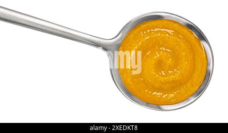 Cucchiaio di zuppa di panna di zucca isolata su sfondo bianco. Vista dall'alto Foto Stock