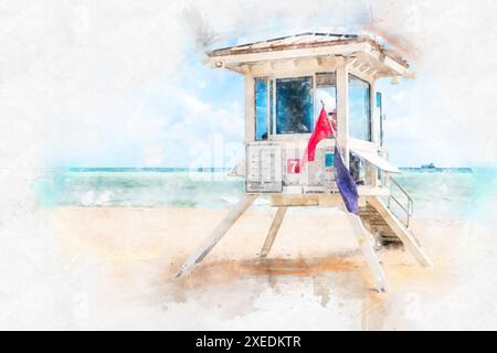 Effetto vernice acquerello della torre bagnino a Fort Lauderdale Foto Stock