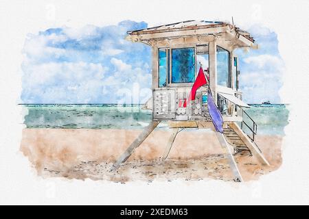 Schizzo acquerello della torre del bagnino a Fort Lauderdale Foto Stock