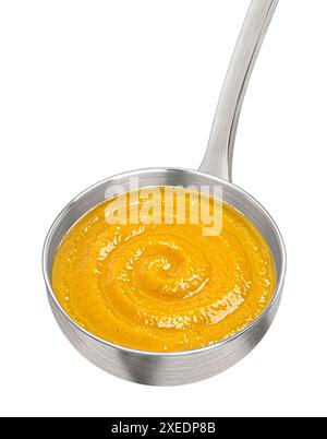 Mestolo in metallo con zuppa di panna di zucca isolata su sfondo bianco Foto Stock