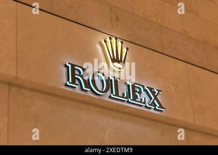 LAS VEGAS, NEVADA, USA - 13 MAGGIO 2019: Logo Rolex in negozio nell'hotel Wynn a Las Vegas. Rolex è un produttore di alta qualità, Foto Stock