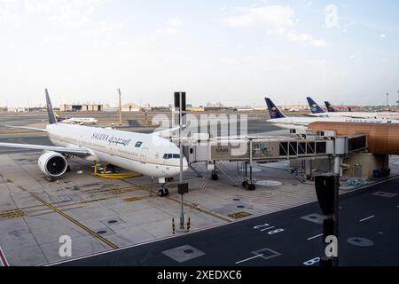 Saudia Airlines, aeroplano, aeroporto di Jeddah, Arabia Saudita, JED, Asia Foto Stock