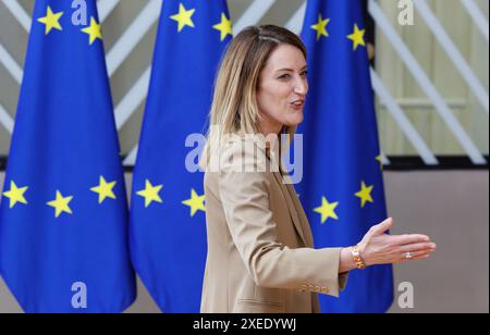 Bruxelles, Belgio. 27 giugno 2024. Il Presidente del Parlamento europeo Roberta Metsola nella foto in vista del primo giorno del vertice del consiglio europeo, giovedì 27 giugno 2024, a Bruxelles. BELGA PHOTO BENOIT DOPPAGNE credito: Belga News Agency/Alamy Live News Foto Stock