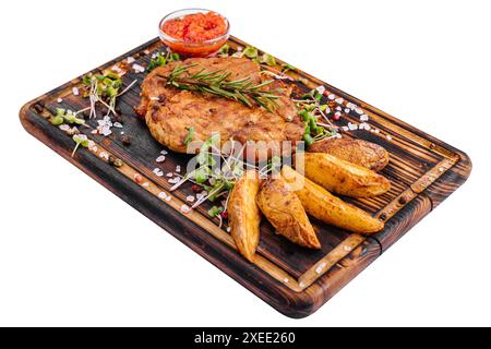 Bistecca alla griglia con patate al forno su legno Foto Stock