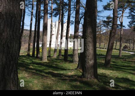 Guardando attraverso gli alberi verso il castello nel parco del castello di Braemar sul Royal Deeside, nel Parco Nazionale di Cairngorms Foto Stock