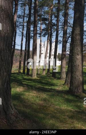 Una vista del castello di Braemar nel Parco Nazionale di Cairngorms dal bosco di pini scozzesi (Pinus Sylvestris) nel terreno Foto Stock