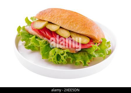 sandwich con cotoletta, pomodori e cetrioli sottaceto Foto Stock