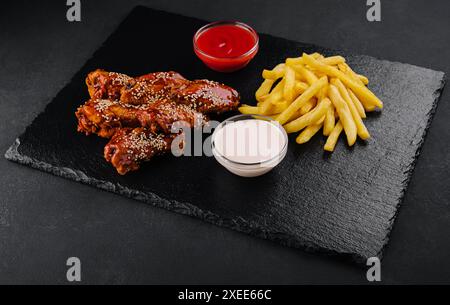 Ali di pollo di bufala calde e piccanti e patatine fritte Foto Stock