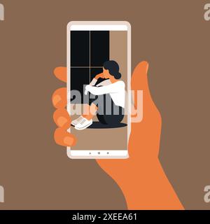 Hotline di crisi. Mano che tiene uno smartphone. Concetto di nuove tecnologie. Salute mentale. Illustrazione Vettoriale