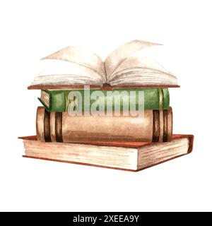 Il libro aperto si trova su una pila di libri diversi. Composizione con libri di testo. Illustrazione ad acquerello disegnata a mano isolata. Concetto educativo. Letteratura Foto Stock