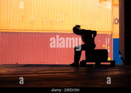 Il mal di schiena del magazziniere dovuto al duro lavoro mentre si è seduti e rilassati, concetto di silhouette Foto Stock