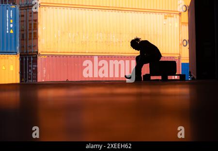 Il mal di schiena del magazziniere dovuto al duro lavoro mentre si è seduti e rilassati, concetto di silhouette Foto Stock