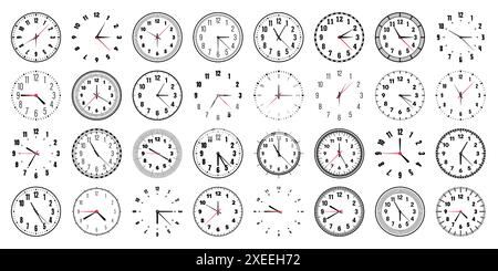 Quadrante meccanico con lancette, cornice. Quadrante con minuti, ore e numeri, numeri arabi. Timer o elemento cronometro. Misurazione Illustrazione Vettoriale