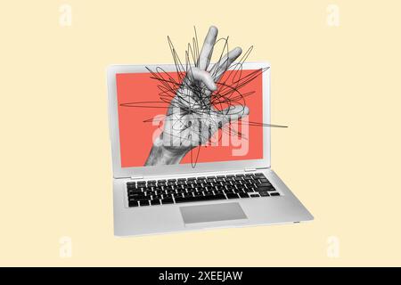 Grafica di tendenza composita immagine di schizzo collage fotografico di spazio vuoto silhouette display laptop mano apparire linea doodle disordine mente pensare pericolo Foto Stock