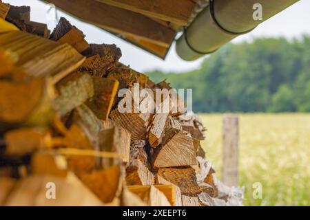 legna da ardere impilata contro il campo di grano Foto Stock