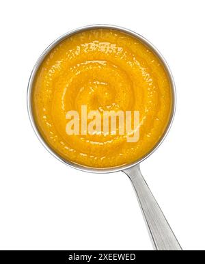 Mestolo con zuppa di panna di zucca isolata su sfondo bianco, vista dall'alto Foto Stock