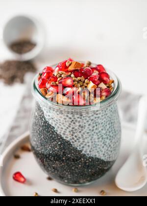 Budino di chia a due colori, semi di canapa, spazio di copia Foto Stock