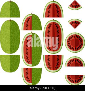Set di anguria Ali Baba. Citrullus lanatus. Frutta e verdura. Stile piatto. Illustrazione vettoriale isolata. Illustrazione Vettoriale