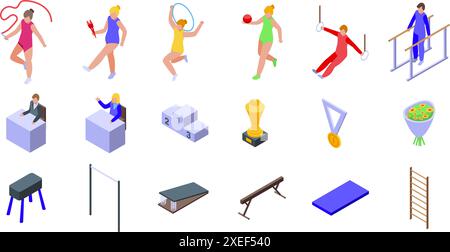 Set di icone artistiche per la ginnasta. Ginnaste che eseguono ginnastica ritmica con diversi apparecchi e attrezzature set di icone isometriche 3d. Illustrazione Vettoriale