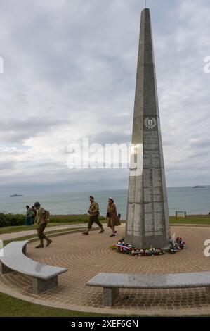 Monumento commemorativo alla guerra, spiaggia di Omaha, sbarco in Normandia 1944, Sainte-Honorine-des-Pertes, Saint-Laurent-sur-Mer, Vierville-sur-Mer, in Francia Foto Stock