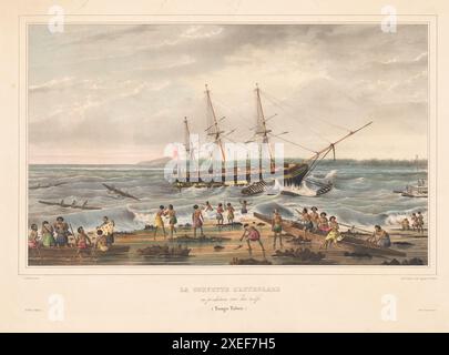 La Corvette l'Astrolabe in difficoltà sulle barriere coralline. (Tonga-Taboo). Lito storico d'epoca di Sainson, 1830. Foto Stock